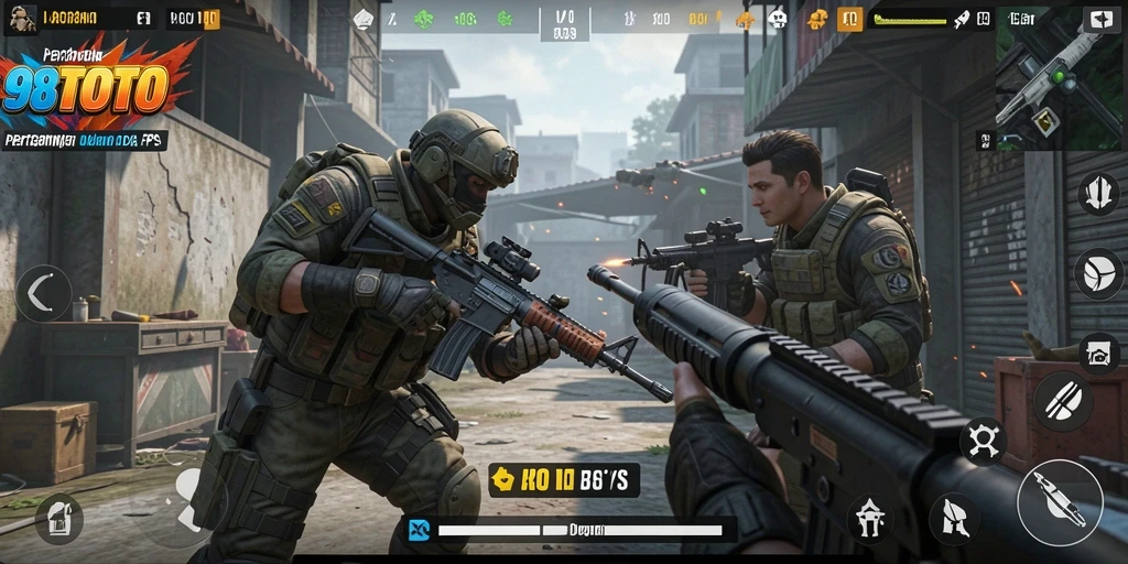 Screenshot gameplay 98TOTO menampilkan aksi tembak-menembak yang seru.