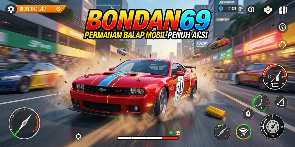 Tangkapan layar permainan BONDAN69 menunjukkan aksi balapan yang mendebarkan.