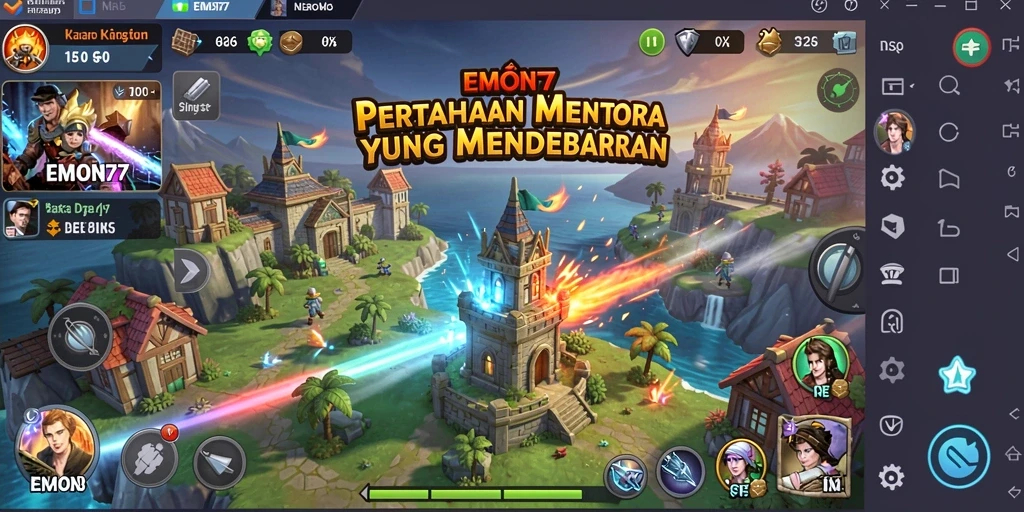 Tangkapan layar permainan EMON77 yang menunjukkan aksi Tower Defense yang intens.