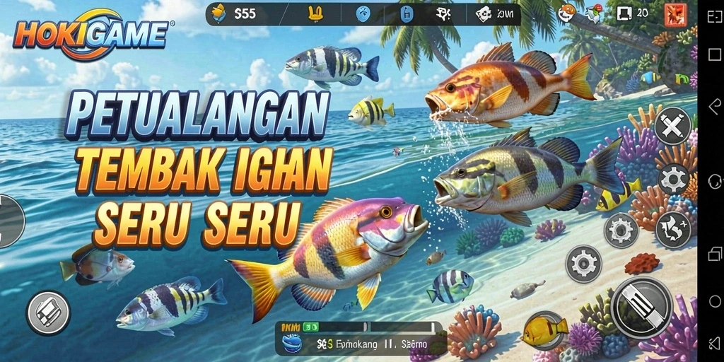 Tangkapan layar HOKIGAME menampilkan aksi seru menembak ikan.