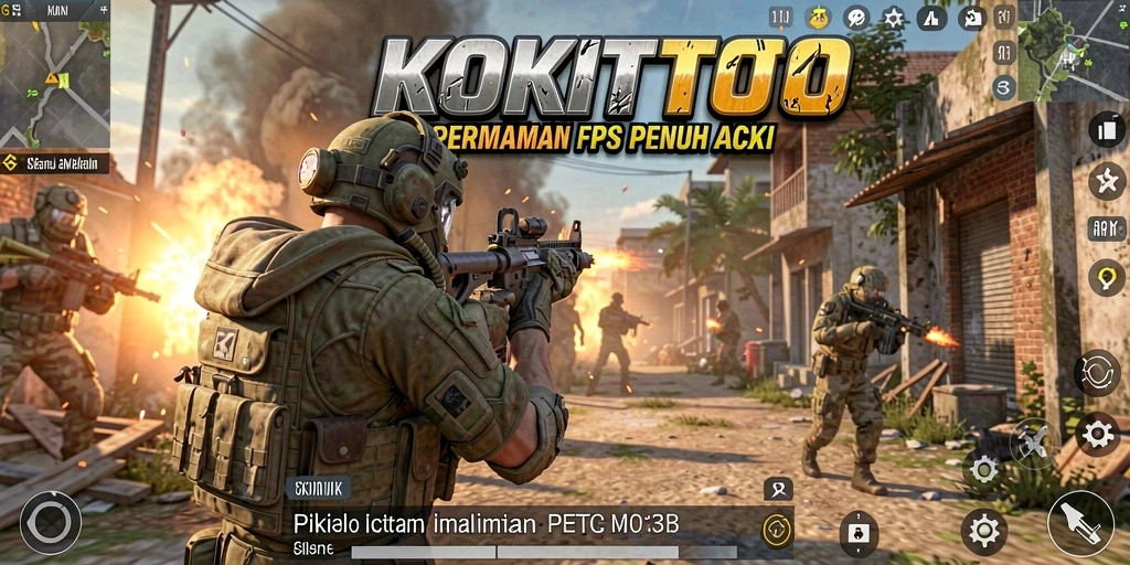 Screenshot utama gameplay FPS KOKITOTO menampilkan aksi mendebarkan di medan perang.