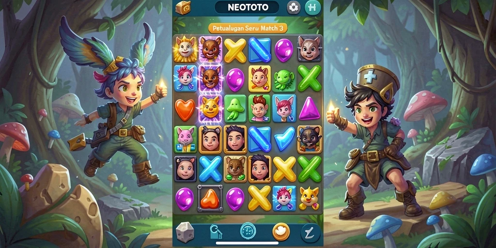 Screenshot gameplay NEOTOTO menunjukkan aksi seru mencocokkan elemen.