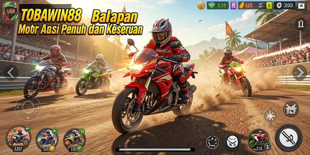 Gameplay seru TOBAWIN88 balapan motor kencang.