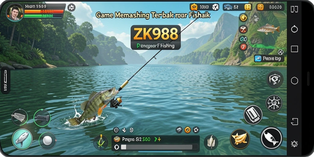 Gameplay ZK988 yang menunjukkan aksi memancing seru di lautan.